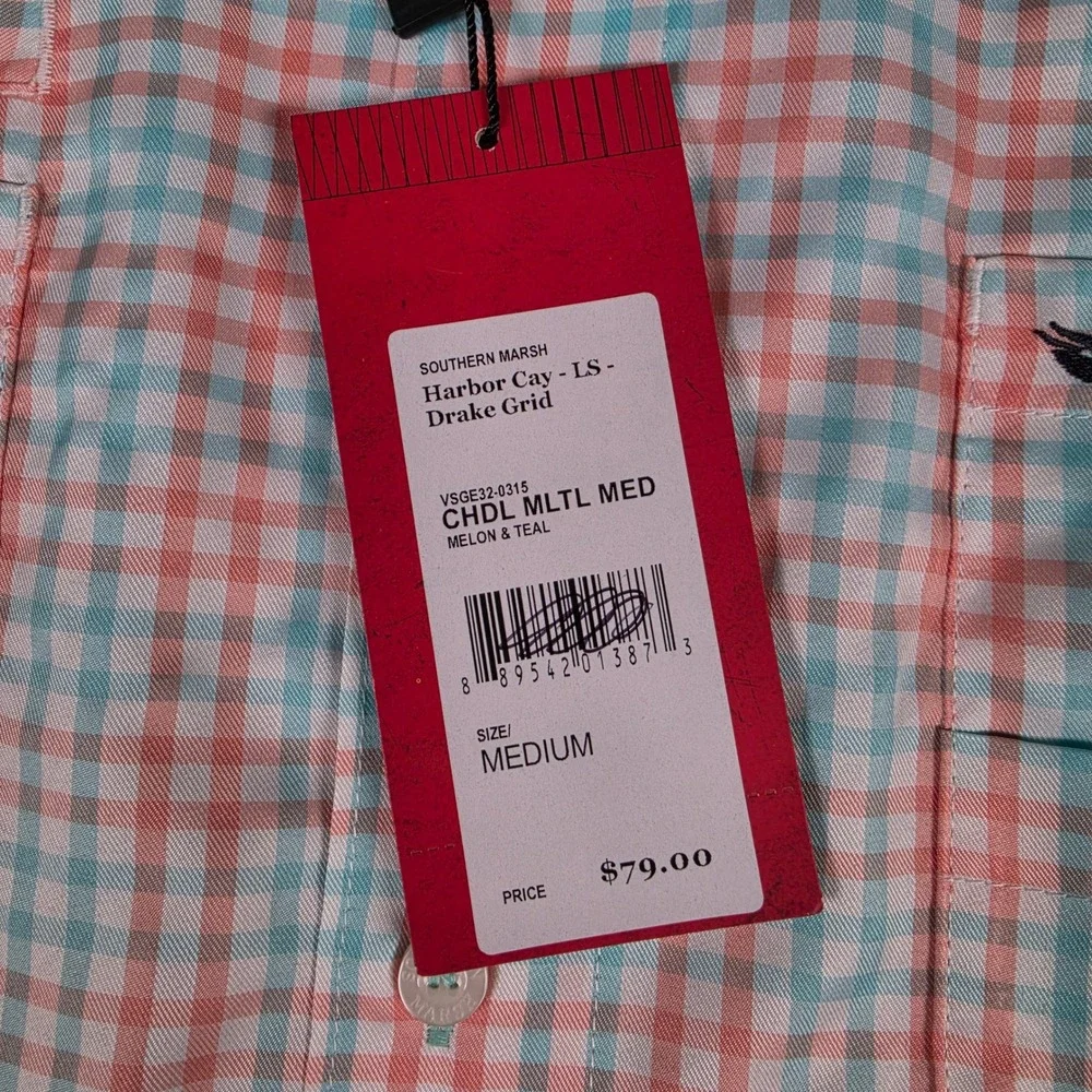 Southern Marsh‎ Harbor Cay Shirt Mens M Melon Teal Drake Grid Fieldtec NWT